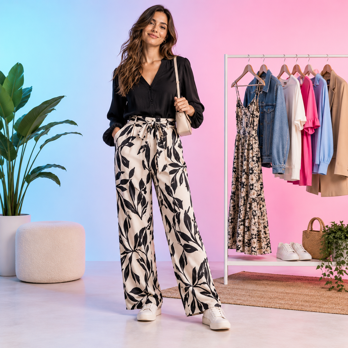 Moda de mujer con pantalón estampado, blusa y variedad de prendas en TODOMYDYAL