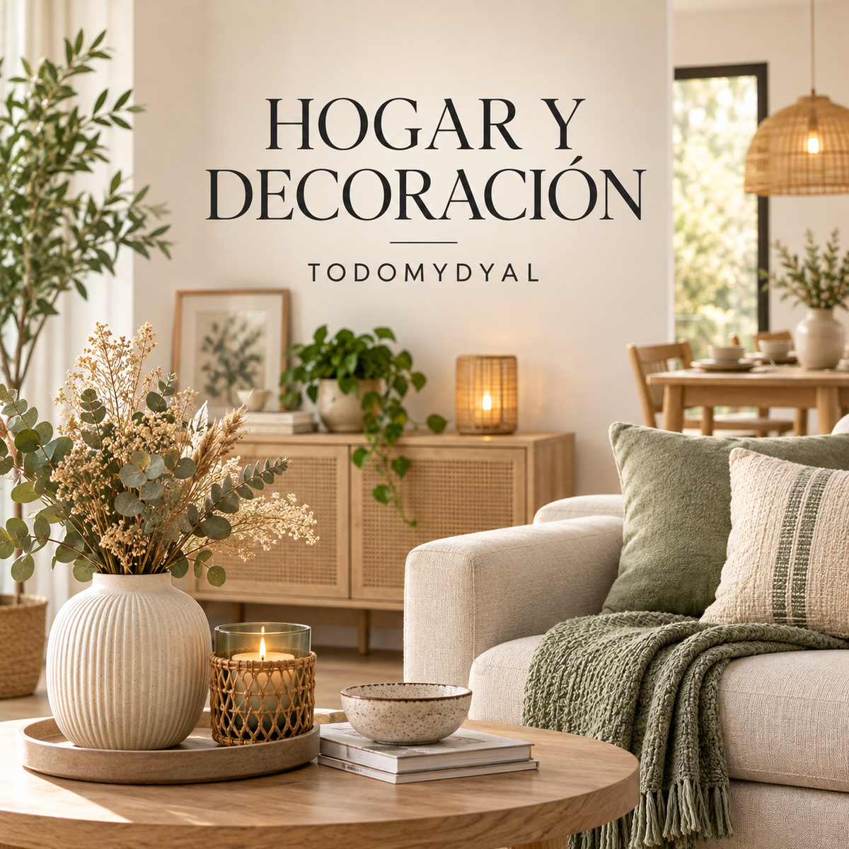 Salón acogedor con muebles, plantas y artículos de decoración para el hogar