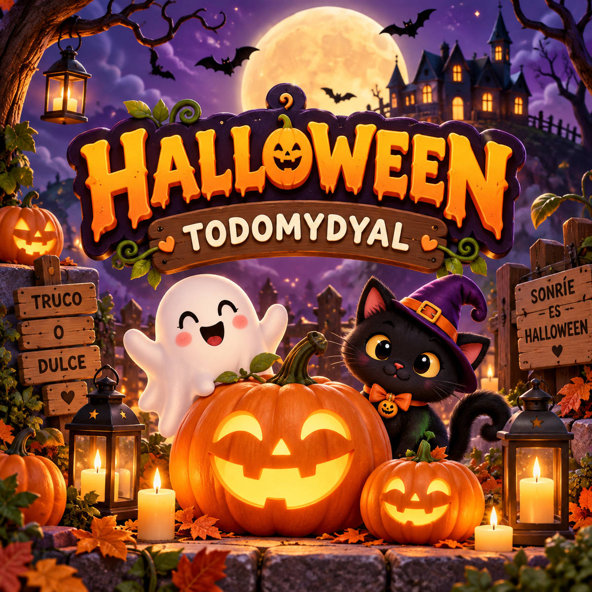 Colección de Halloween de TODOMYDYAL con calabazas, fantasma y gato negro