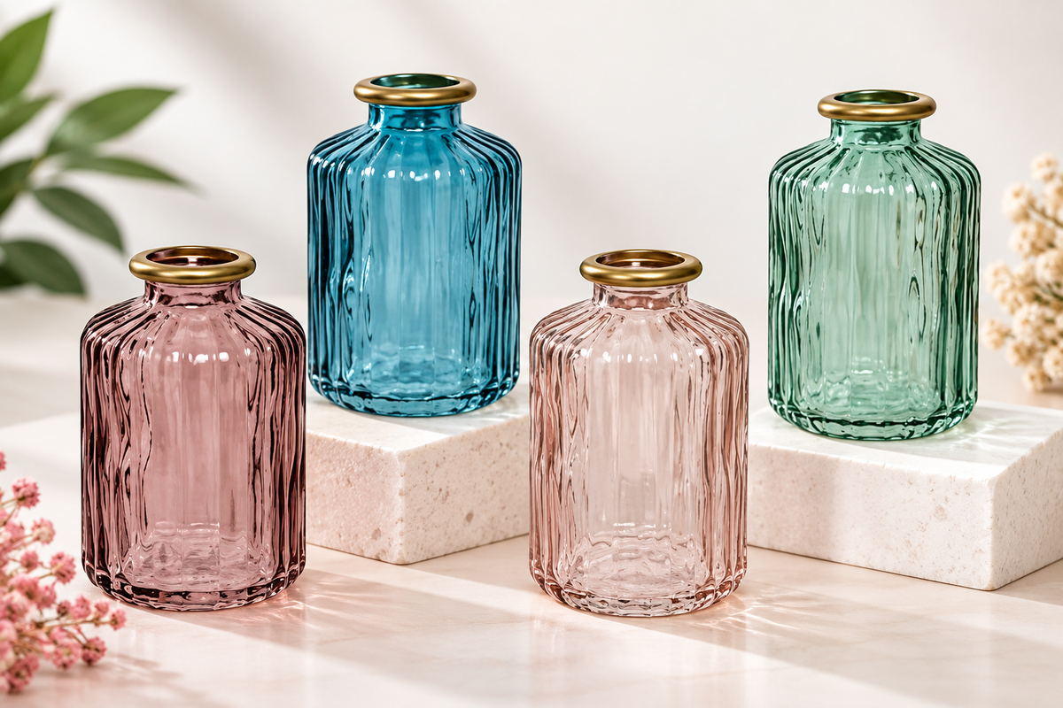 Botella Decorativa de Vidrio Grabado 10 cm – 4 Colores