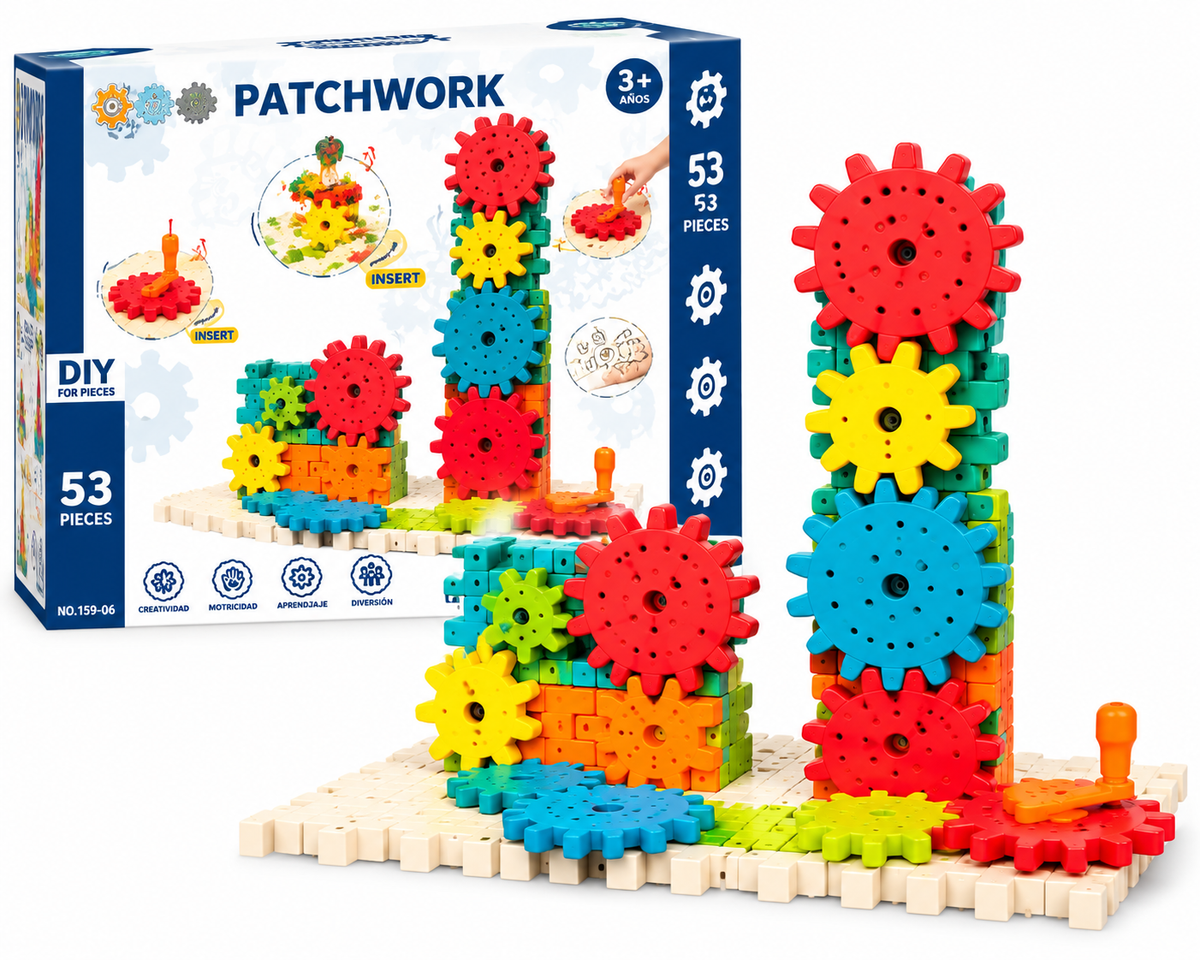 Caja de actividades con engranajes PATCHWORK – 53 piezas