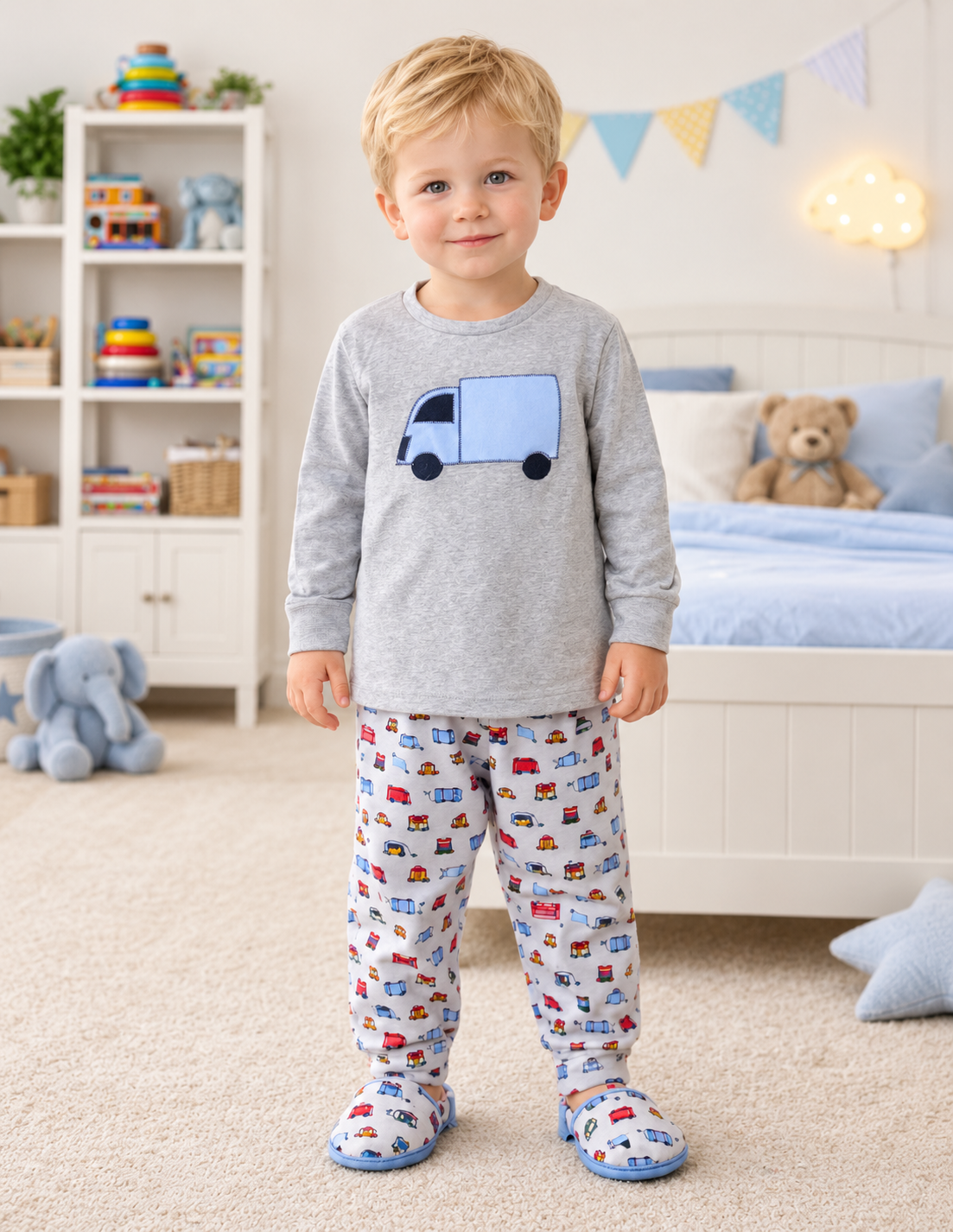 Pijama Infantil Niño de Algodón con Camiones – Tallas 2, 5 y 6 años