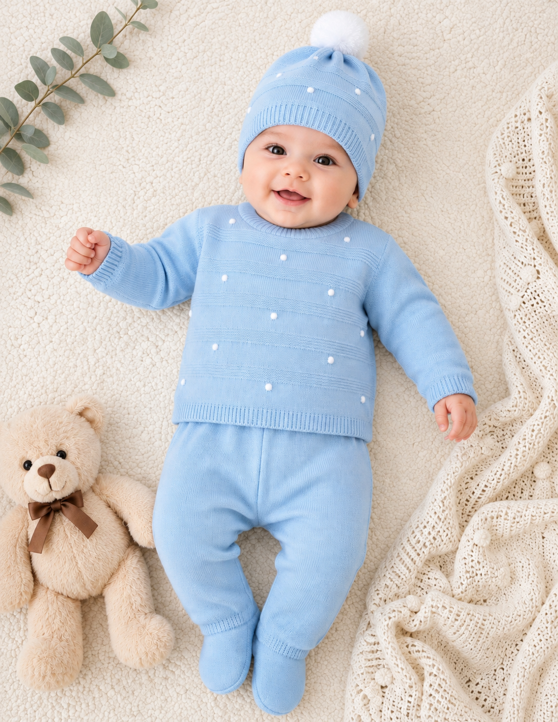 Conjunto Bebé de Punto 3 Piezas con Pompón – 1 y 3 Meses