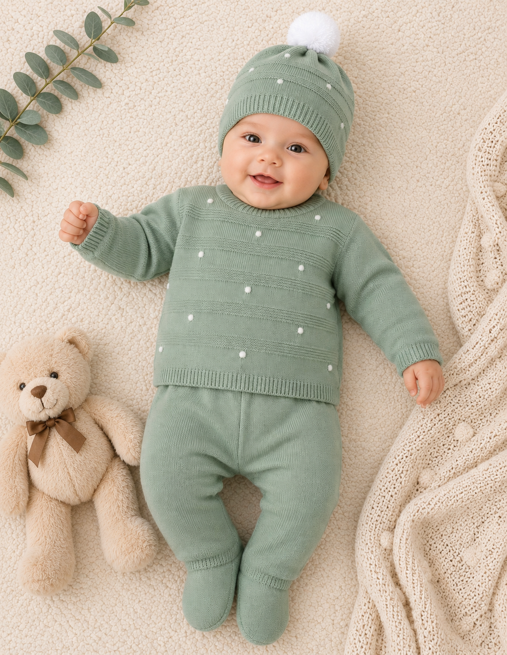 Conjunto Bebé de Punto 3 Piezas con Pompón – 1 y 3 Meses