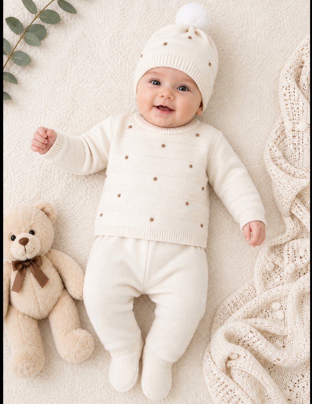 Conjunto Bebé de Punto 3 Piezas con Pompón – 1 y 3 Meses