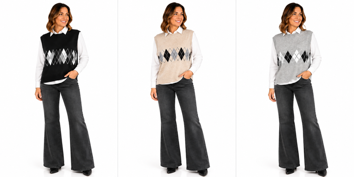 Conjunto Mujer Chaleco de Rombos + Camisa – 2 Colores